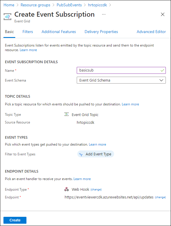 Screenshot displaying the configured settings on the Create Event Subscription blade