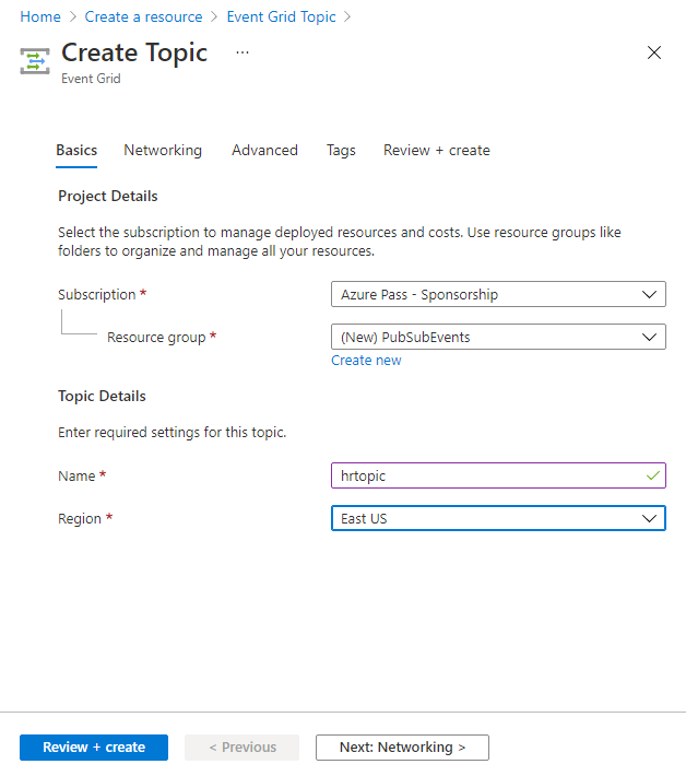 Screenshot displaying the configured settings on the Create Topic blade