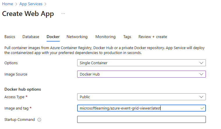 Screenshot displaying the configured settings on the Create Web App - Docker tab