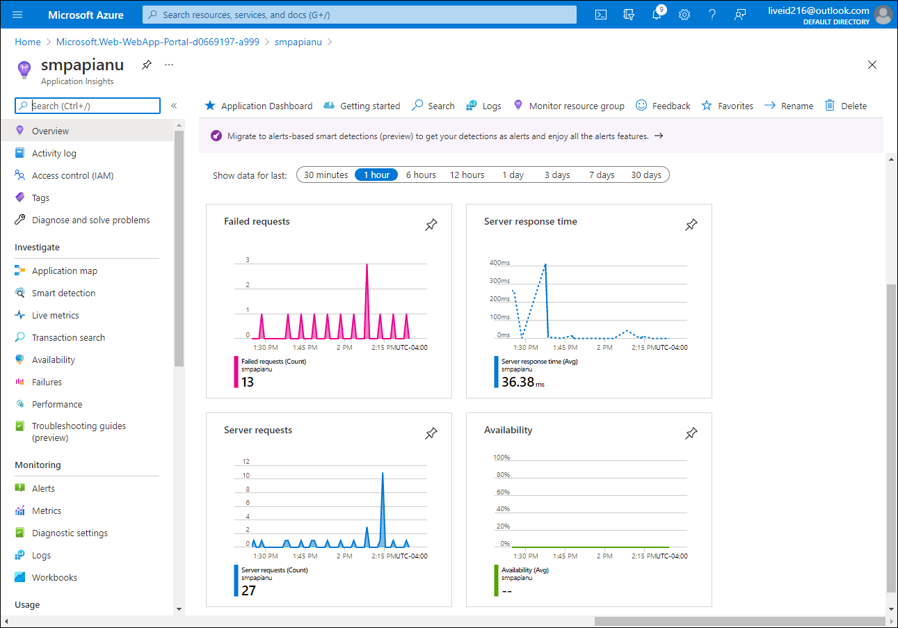 Application Insights metrics of the Azure web app in the Azure portal