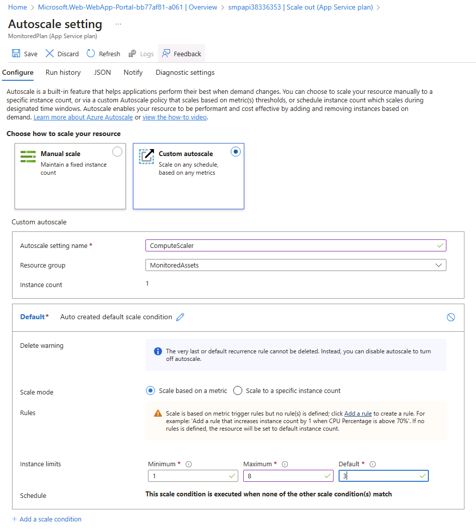 Default scale condition on the Azure web API blade