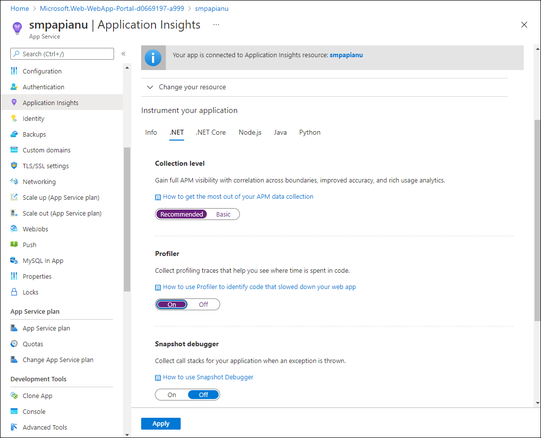 Application Insights settings of the Azure Web API