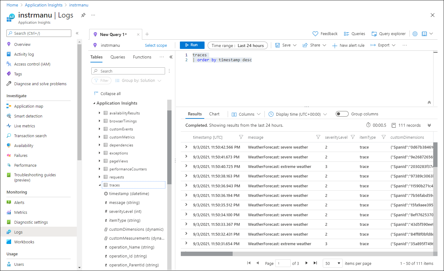 Log query results on the Application Insights Logs blade