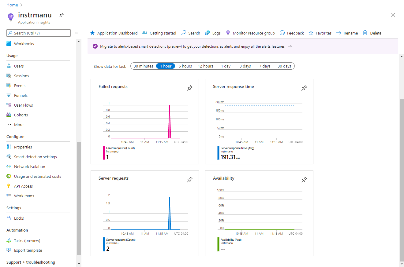 Application Insights metrics of the local web app in the Azure portal
