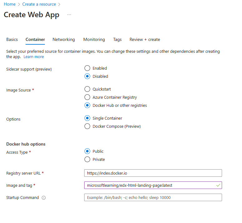 Screenshot displaying the configured settings on the Create Web App - Docker Tab