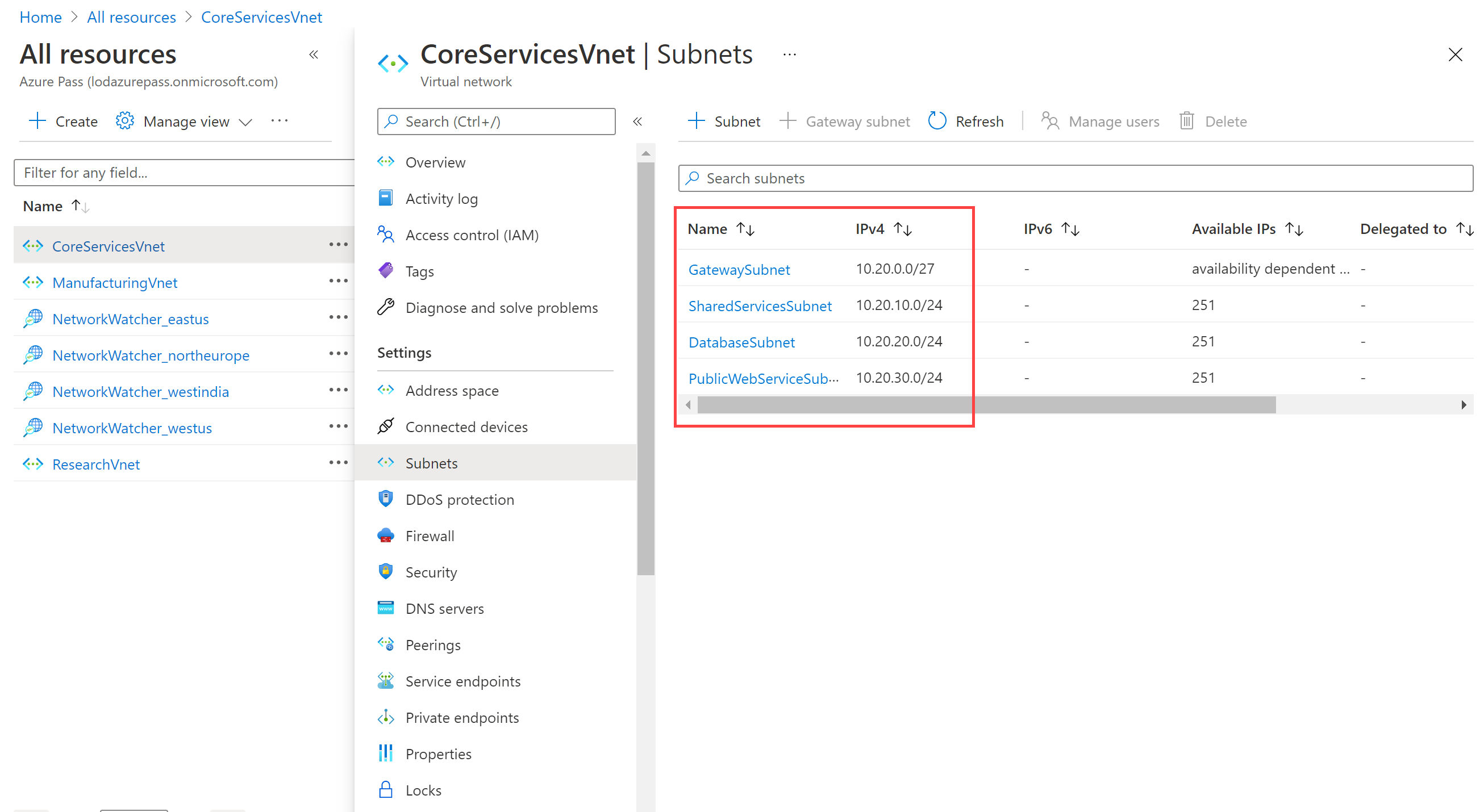 Liste der Subnetze in „CoreServicesVnet“