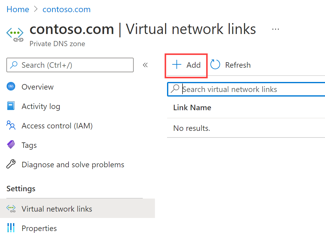 contoso.com | Vínculos virtuales con + Agregar resaltado.