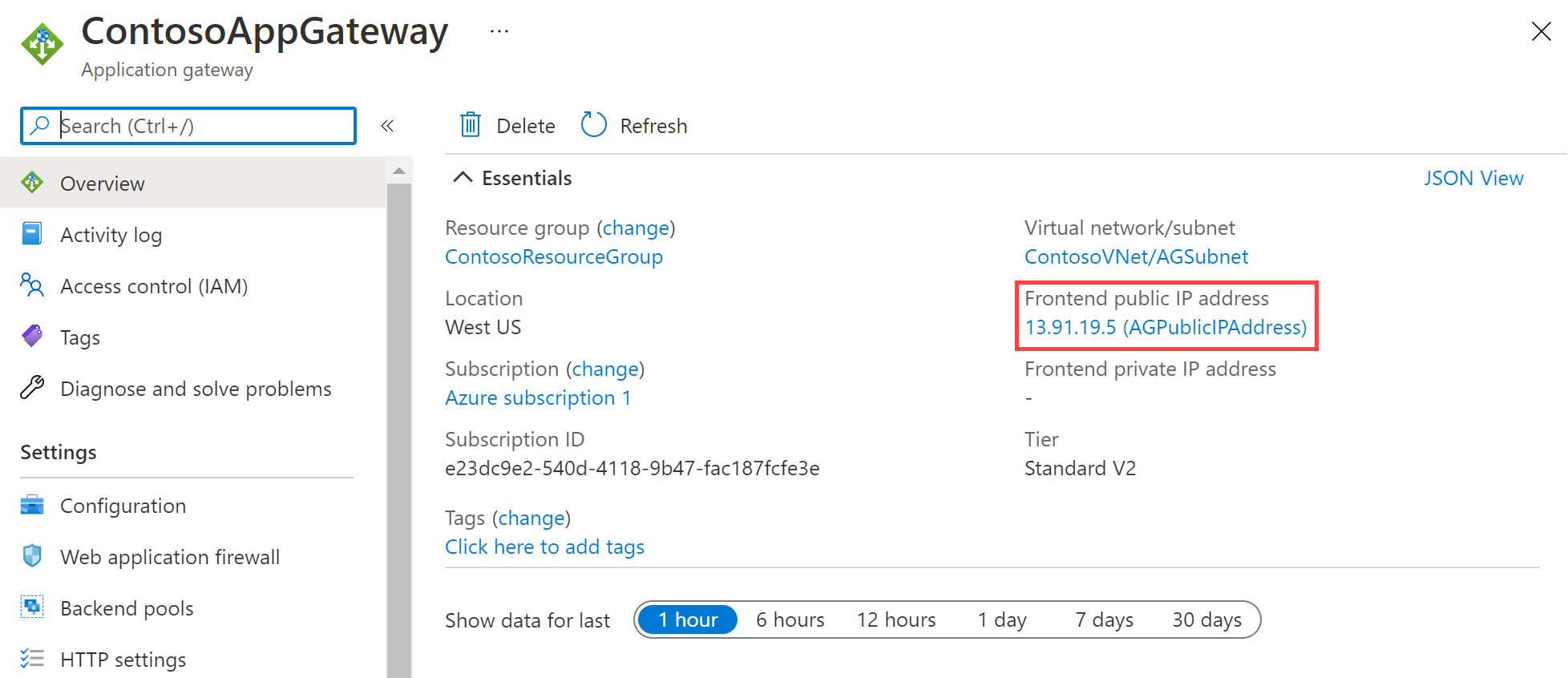 Búsqueda de la dirección IP pública de front-end en Azure Portal 