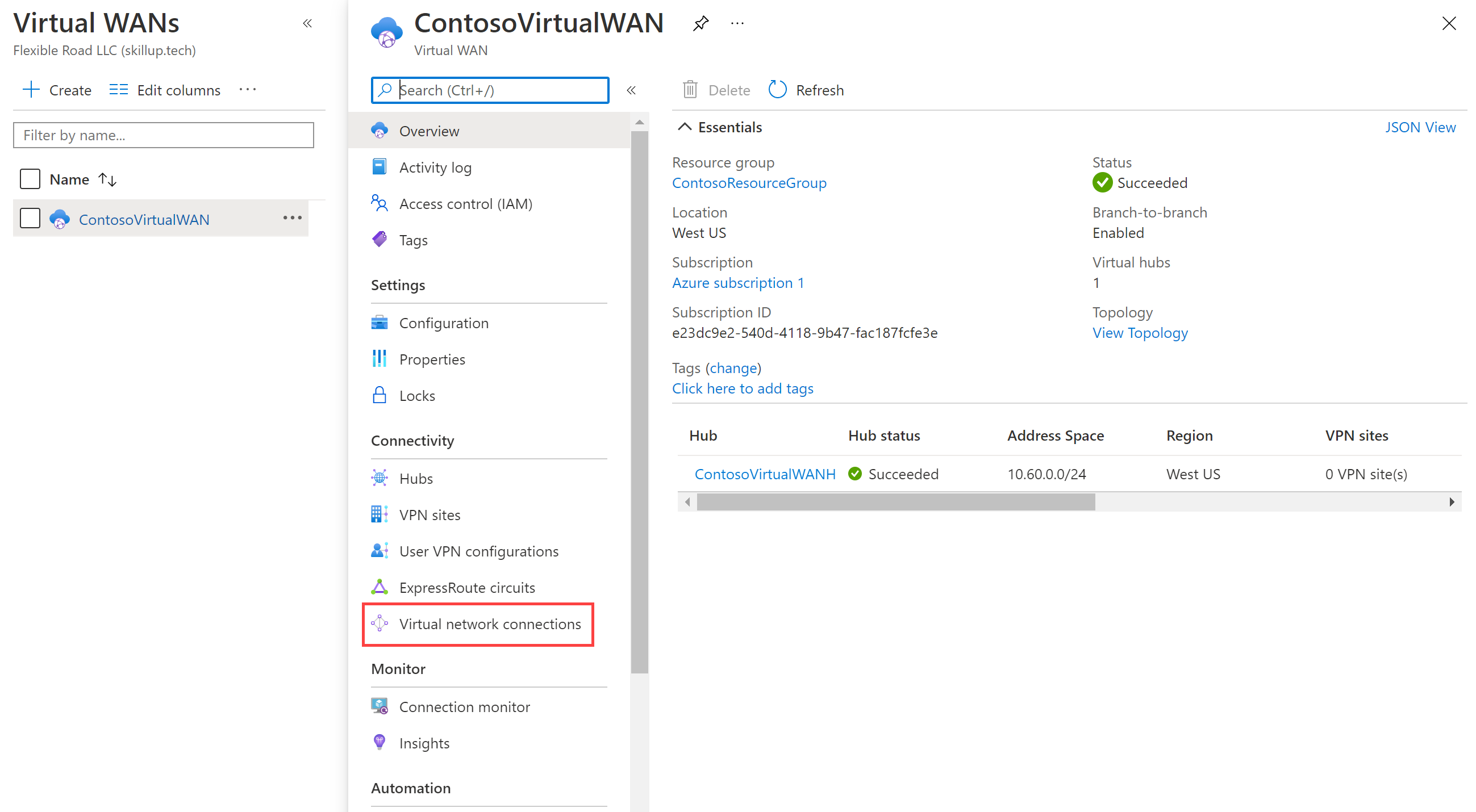 Página de configuración de la red WAN virtual con la opción Conexiones de red virtual resaltada.