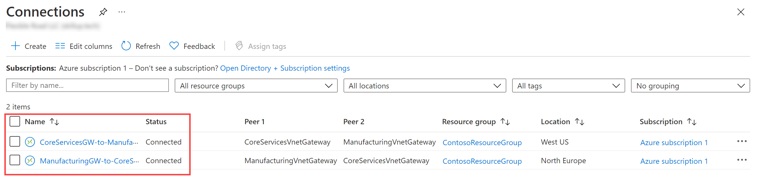 Conexiones de VPN Gateway creadas correctamente.