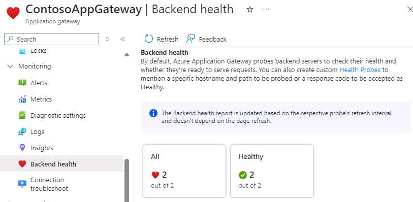 Azure Portal comprueba el estado del back-end.
