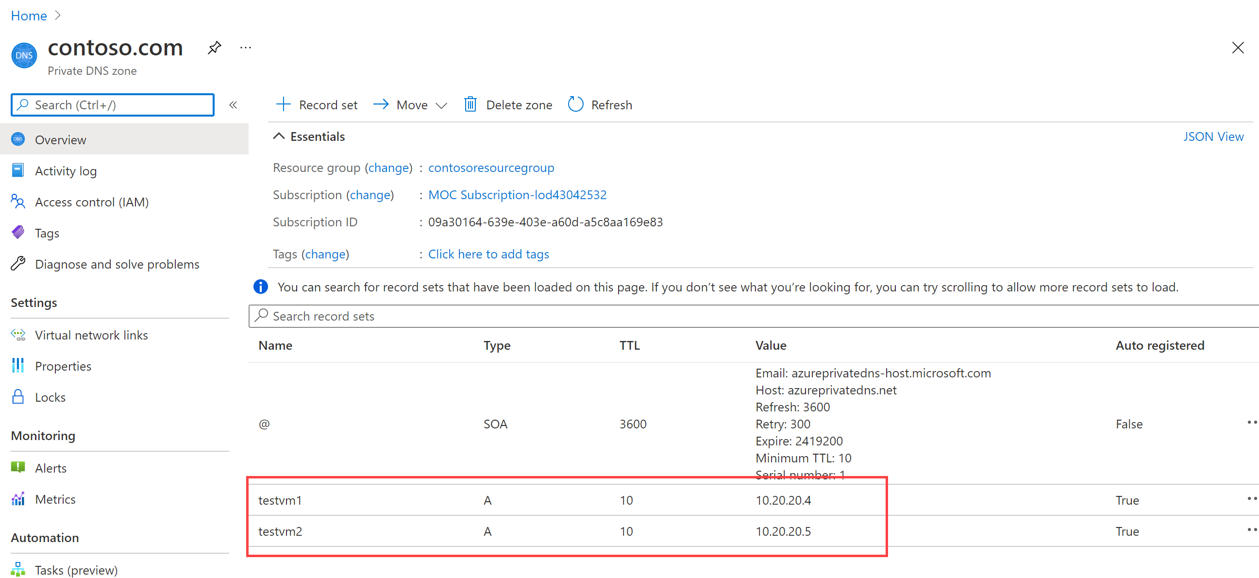 Zona DNS Contoso.com que muestra los registros D del host registrado automáticamente.