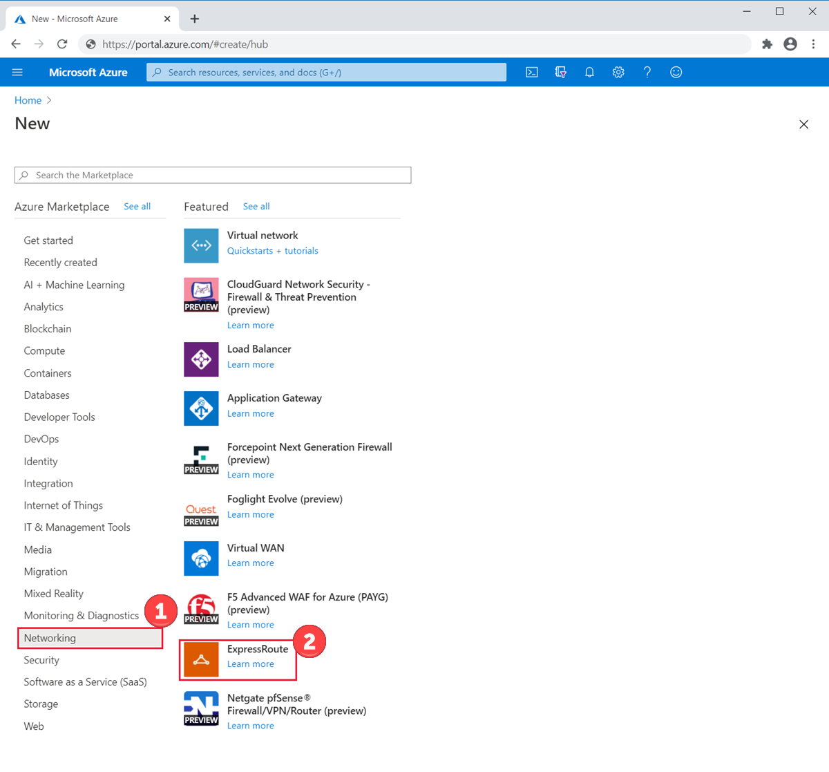 Azure Portal: menú Crear circuito ExpressRoute