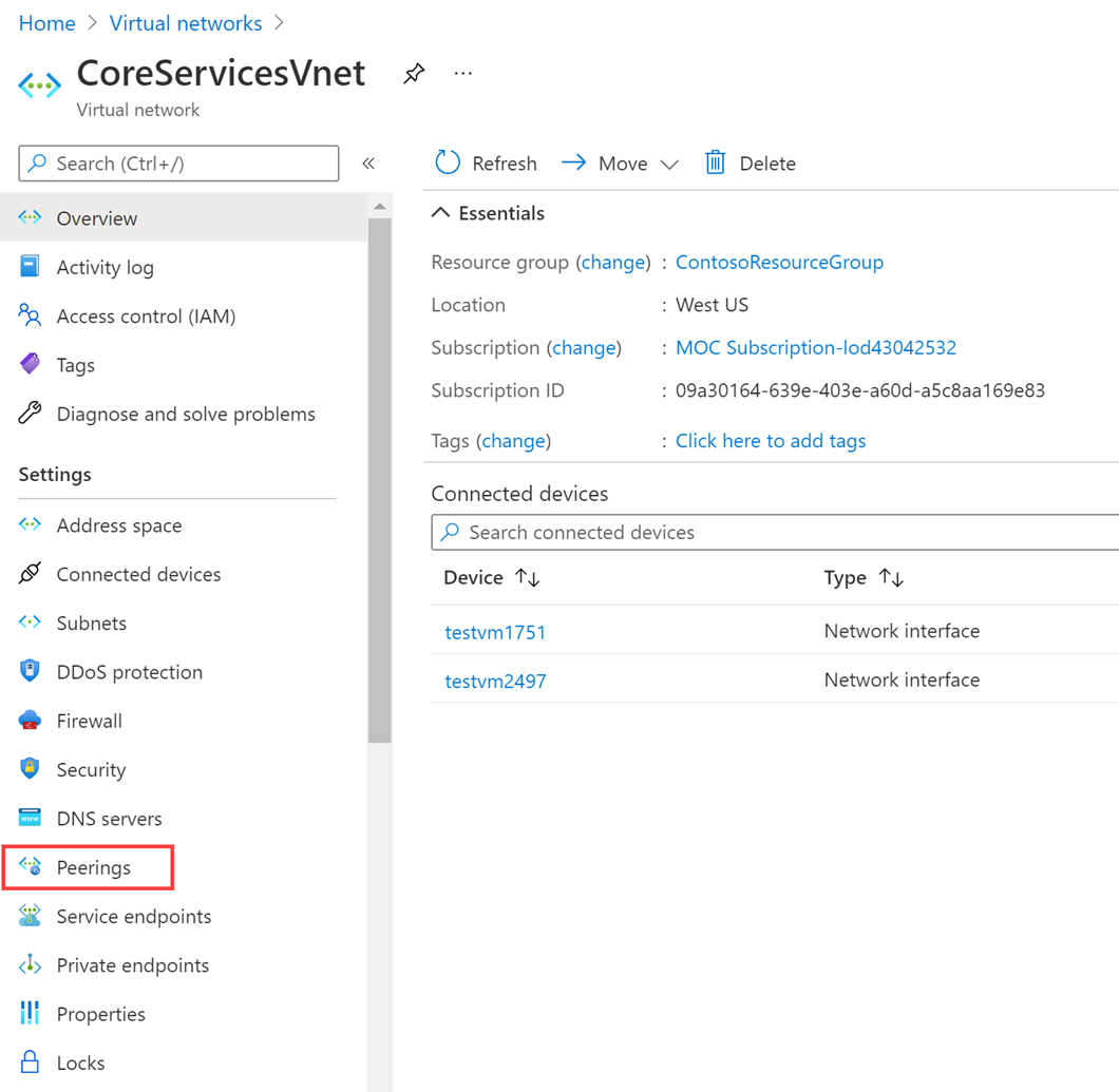 Captura de pantalla de la configuración de emparejamiento de VNET de servicios principales 