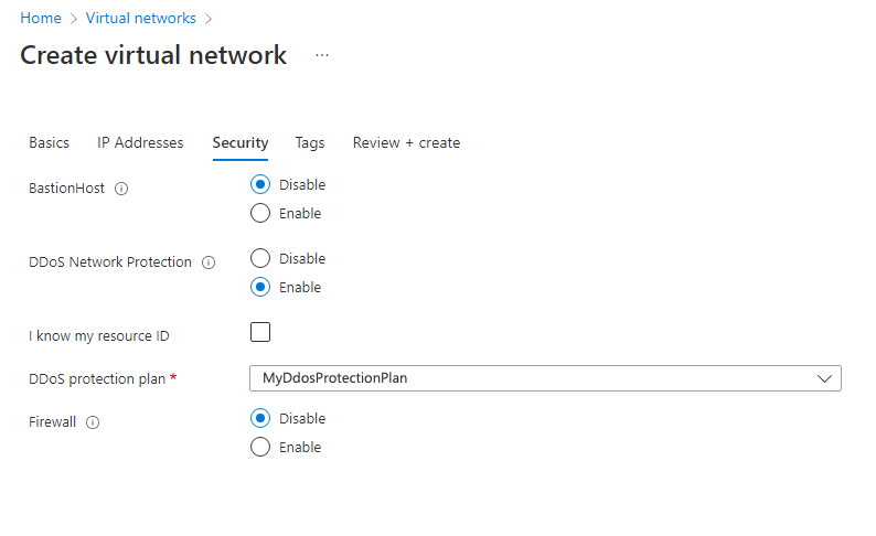 Creación de una red virtual, pestaña Seguridad