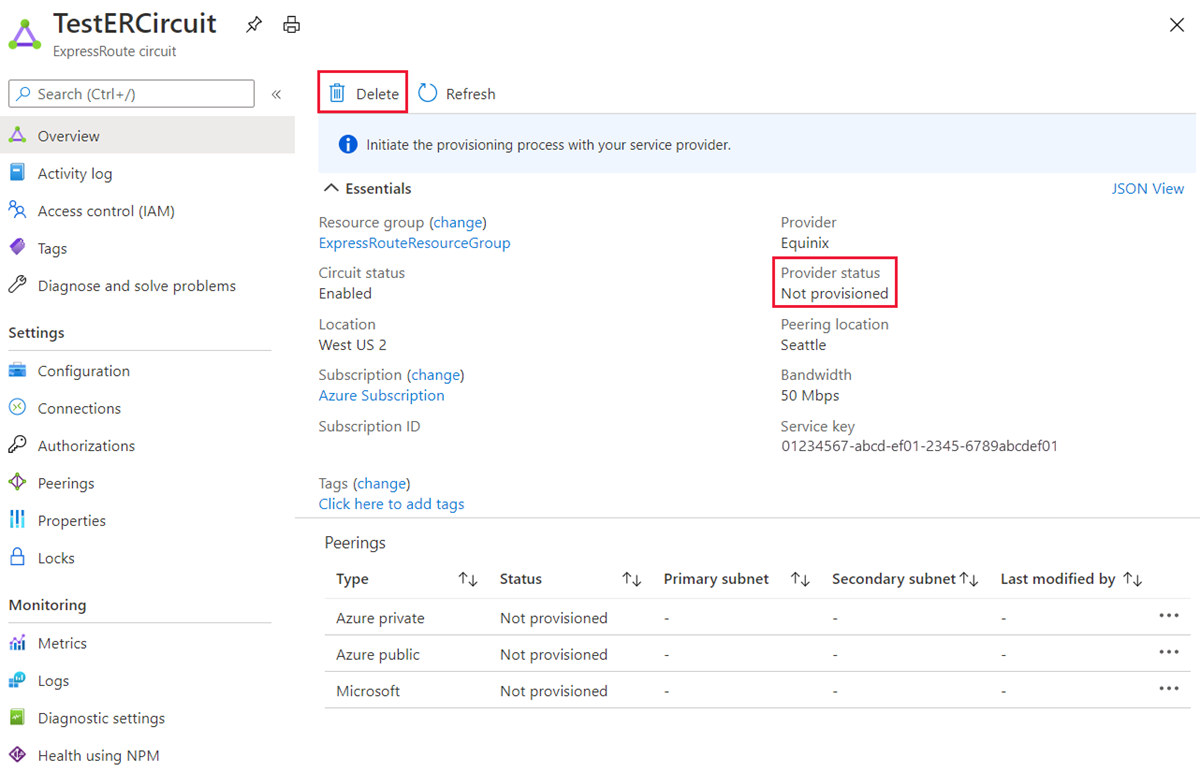 Azure Portal: eliminación de un circuito ExpressRoute