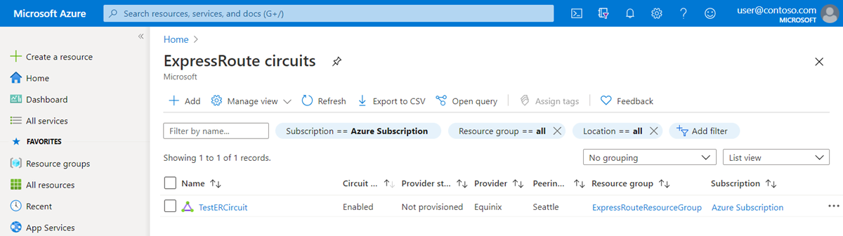 Azure Portal: visualización de los circuitos ExpressRoute existentes