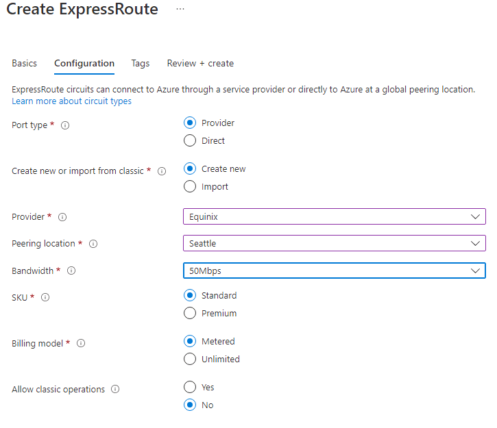 Azure Portal: pestaña Crear configuración de ExpressRoute