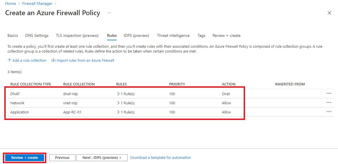Mostrar colecciones de reglas en la directiva de firewall