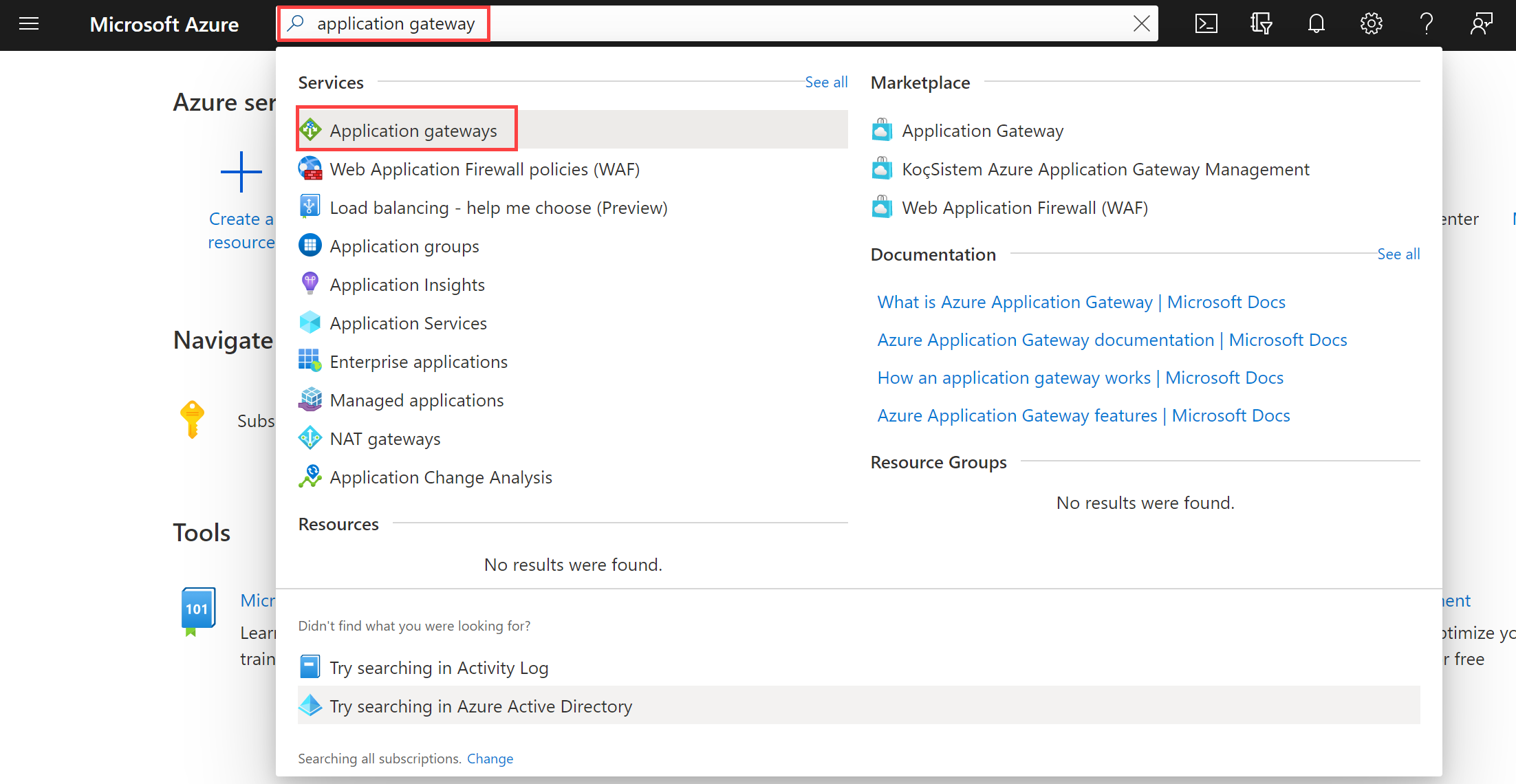 Búsqueda en Azure Portal de puerta de enlace de aplicación