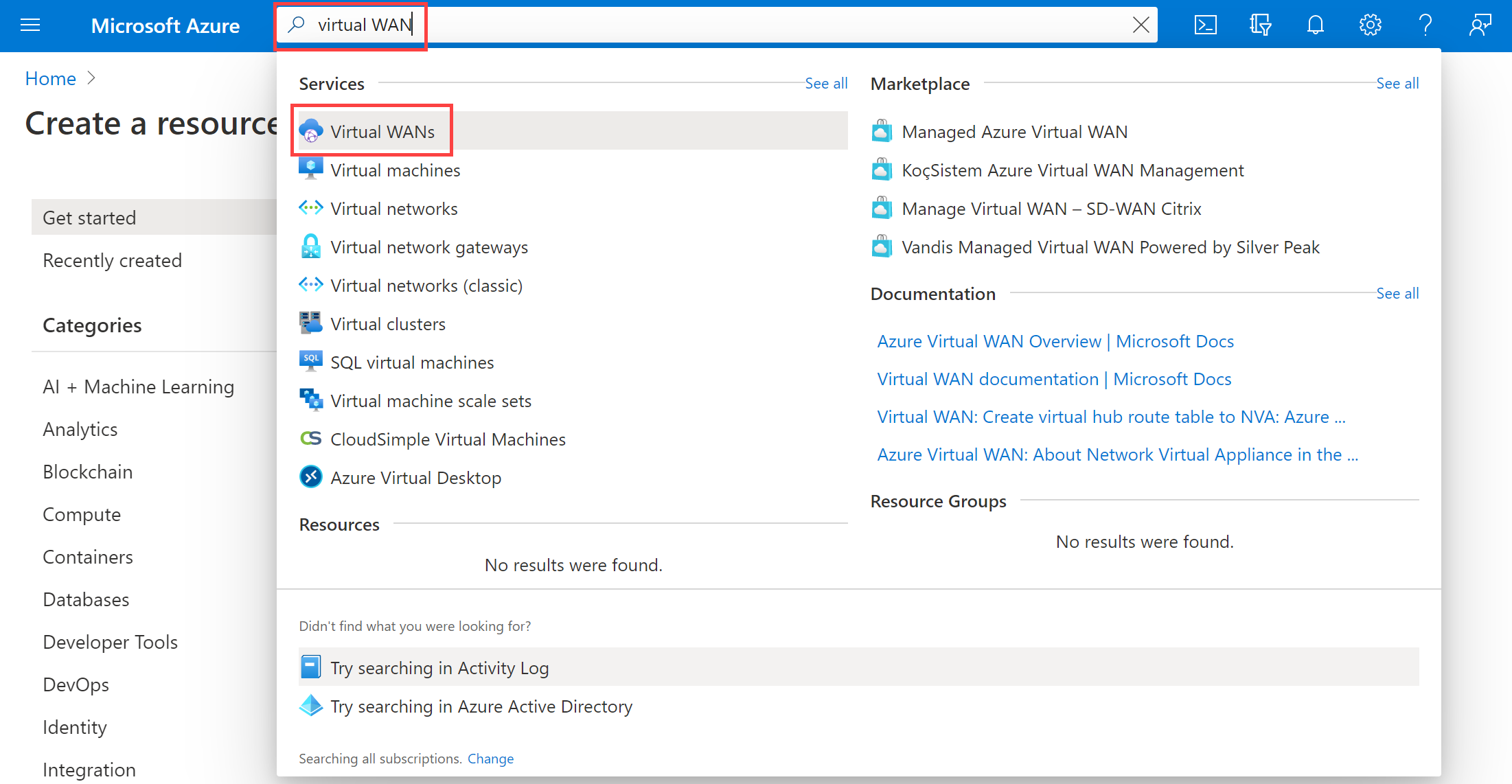 Busca Virtual WAN en Azure Portal.