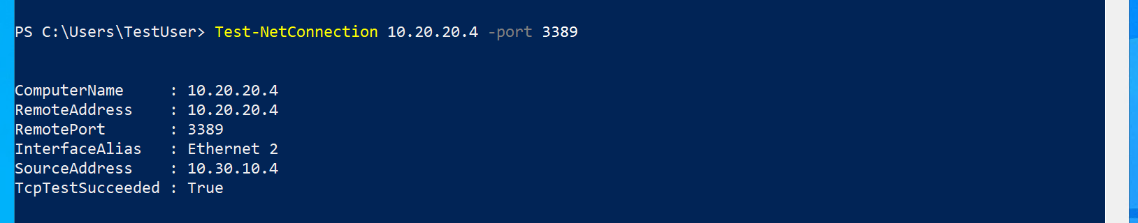Ventana de PowerShell con Test-NetConnection 10.20.20.4, puerto 3389 que muestra que la prueba de TCP se realizó correctamente: true