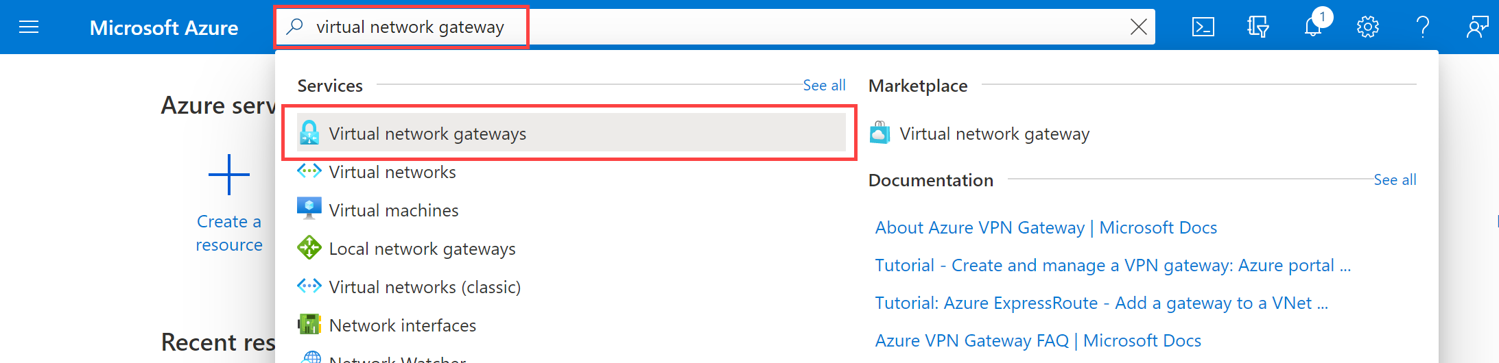 Búsqueda de la puerta de enlace de red virtual en Azure Portal.