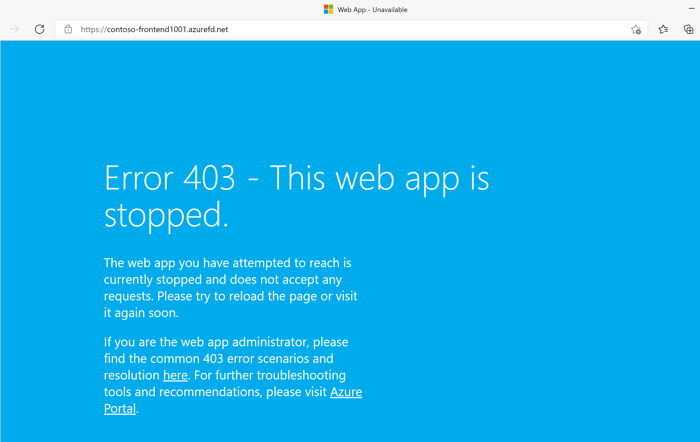 Explorador que muestra la página de error de App Service