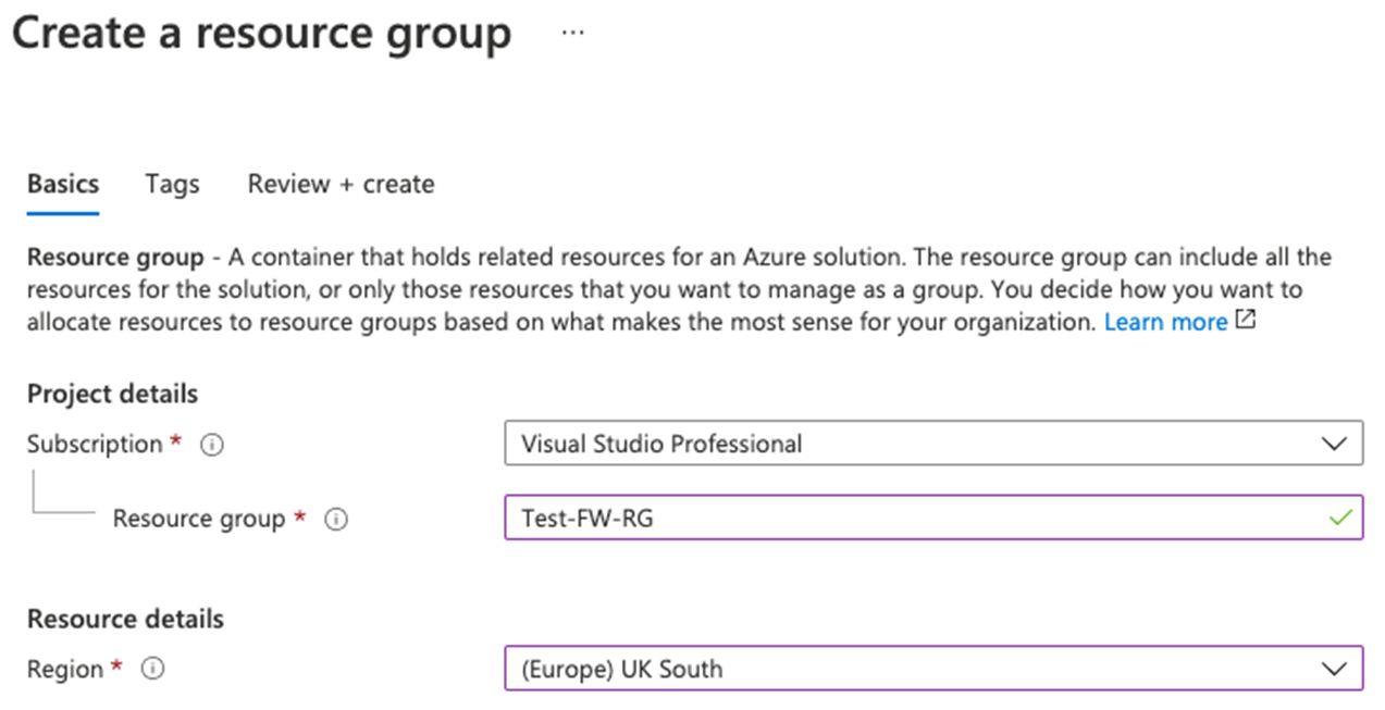 Azure Firewall 用のリソース グループを作成します