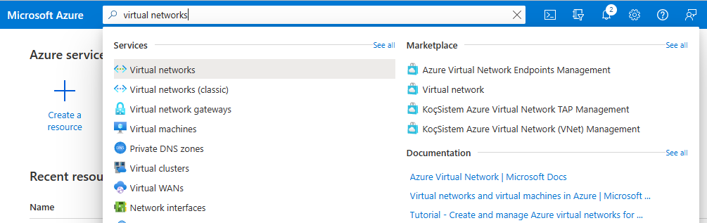 仮想ネットワークに対する Azure portal のホーム ページのグローバル検索バーの結果。