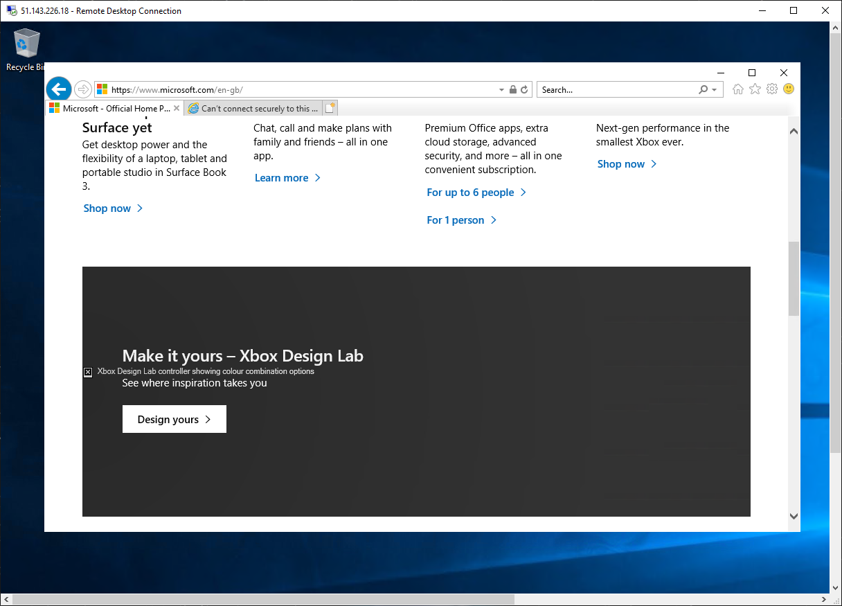 microsoft.com を参照している RDP セッション