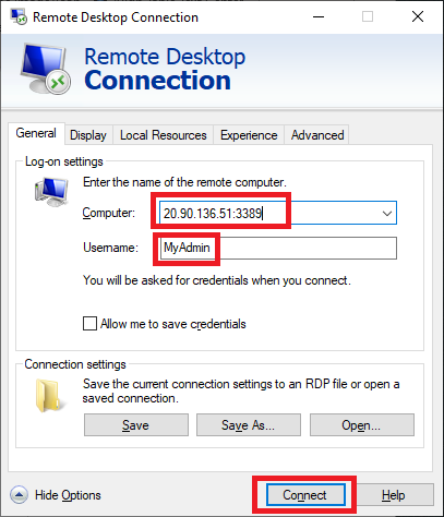 ファイアウォールのパブリック IP アドレスへの RDP 接続