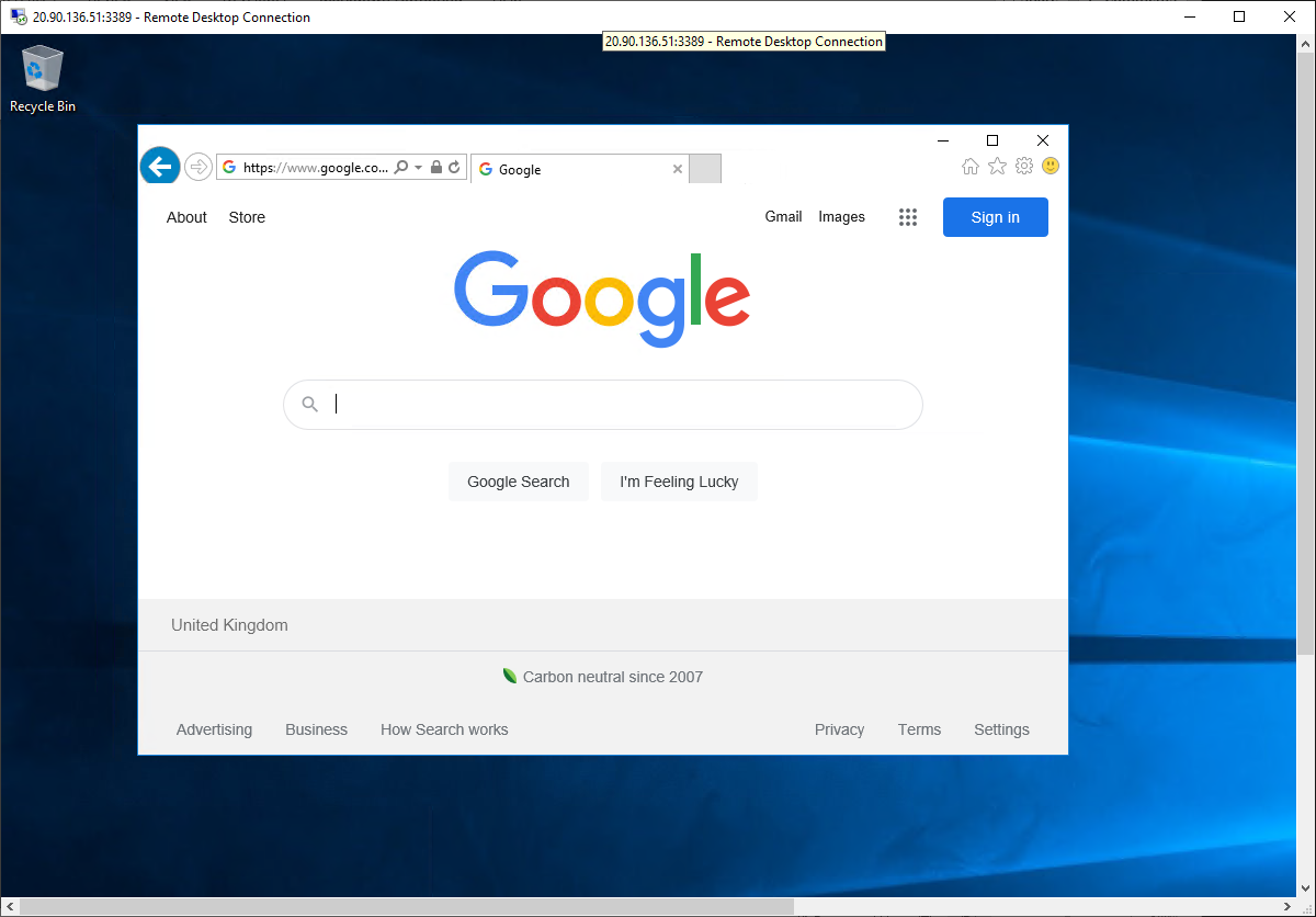 Srv-work サーバーでの RDP セッション - google.com が表示されたブラウザー