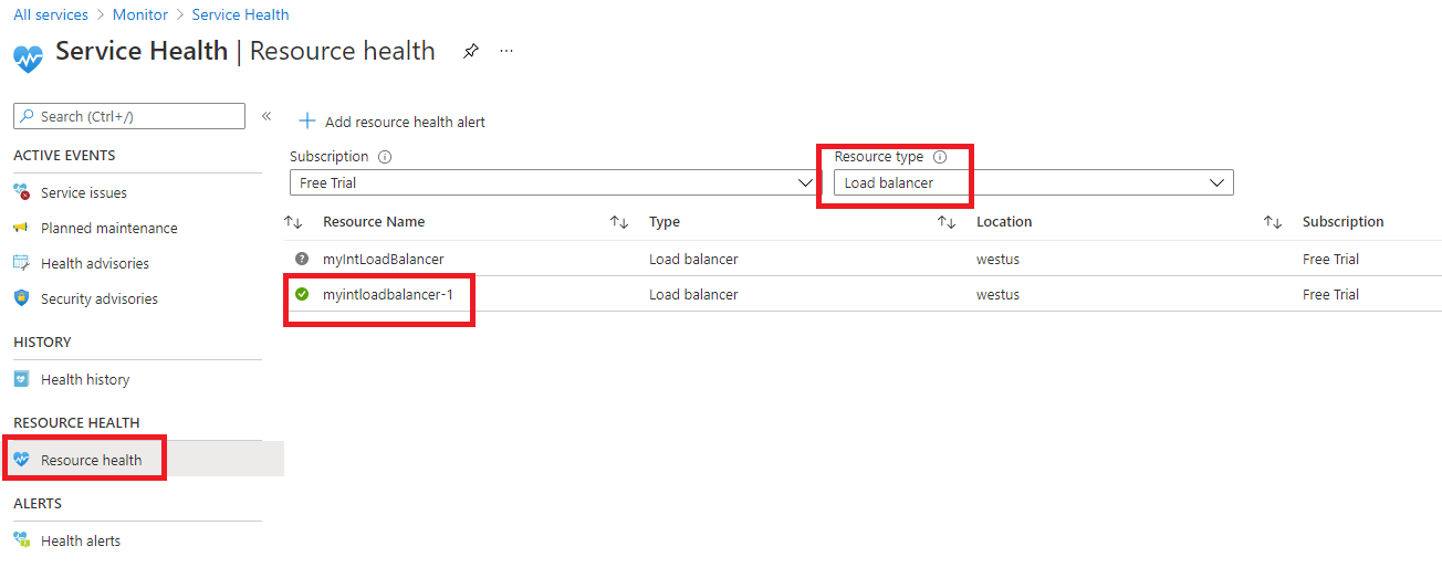 ロード バランサー リソースの「サービス正常性」 > 「リソース正常性」にアクセスします