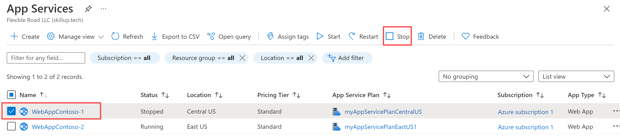 停止した Web アプリを表示する Azure portal