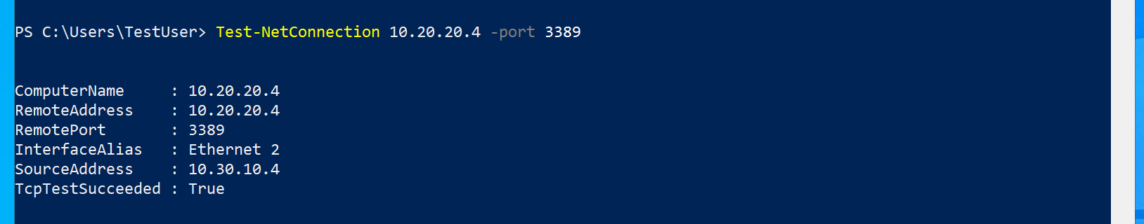 Test-NetConnection 10.20.20.4 -port 3389 showing TCP test succeeded: true가 표시된 Powershell 창