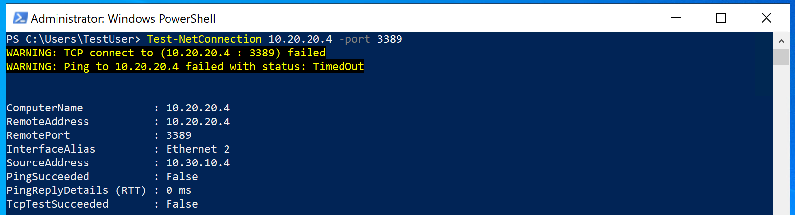 Test-NetConnection 10.20.20.4 -port 3389가 실패한 것으로 표시된 PowerShell 창 