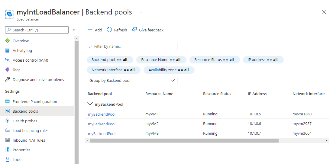Mostrar VMs adicionadas ao pool de back-end no balanceador de carga