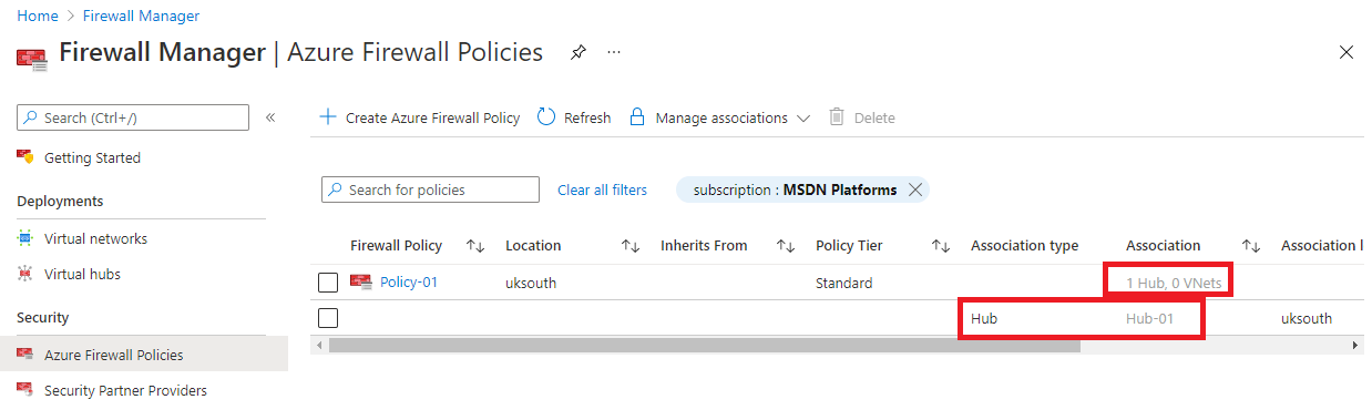 Mostrar política de firewall associada no hub