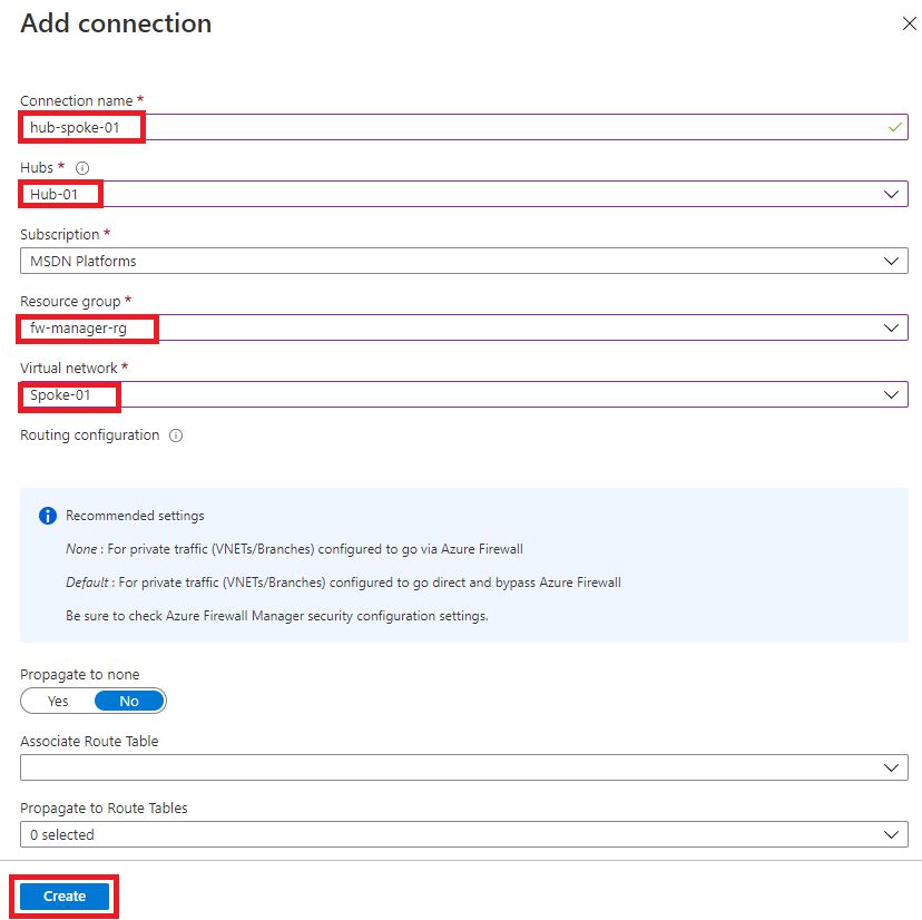Adicionar conexão hub e spoke à WAN virtual – Spoke 1