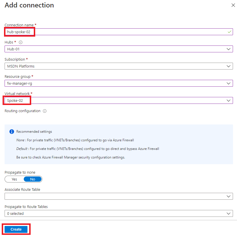 Adicionar conexão hub e spoke à WAN virtual – Spoke 2