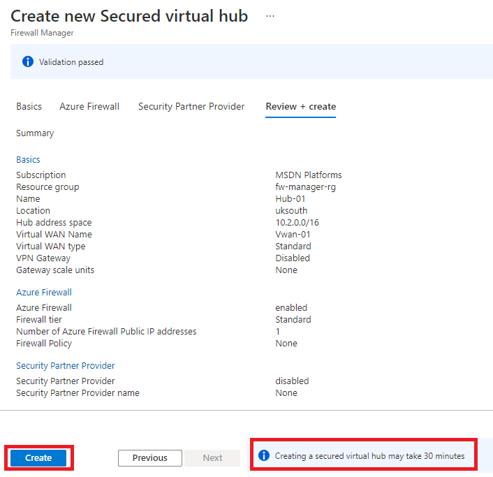 Criar um novo hub virtual seguro – guia Revisar + criar