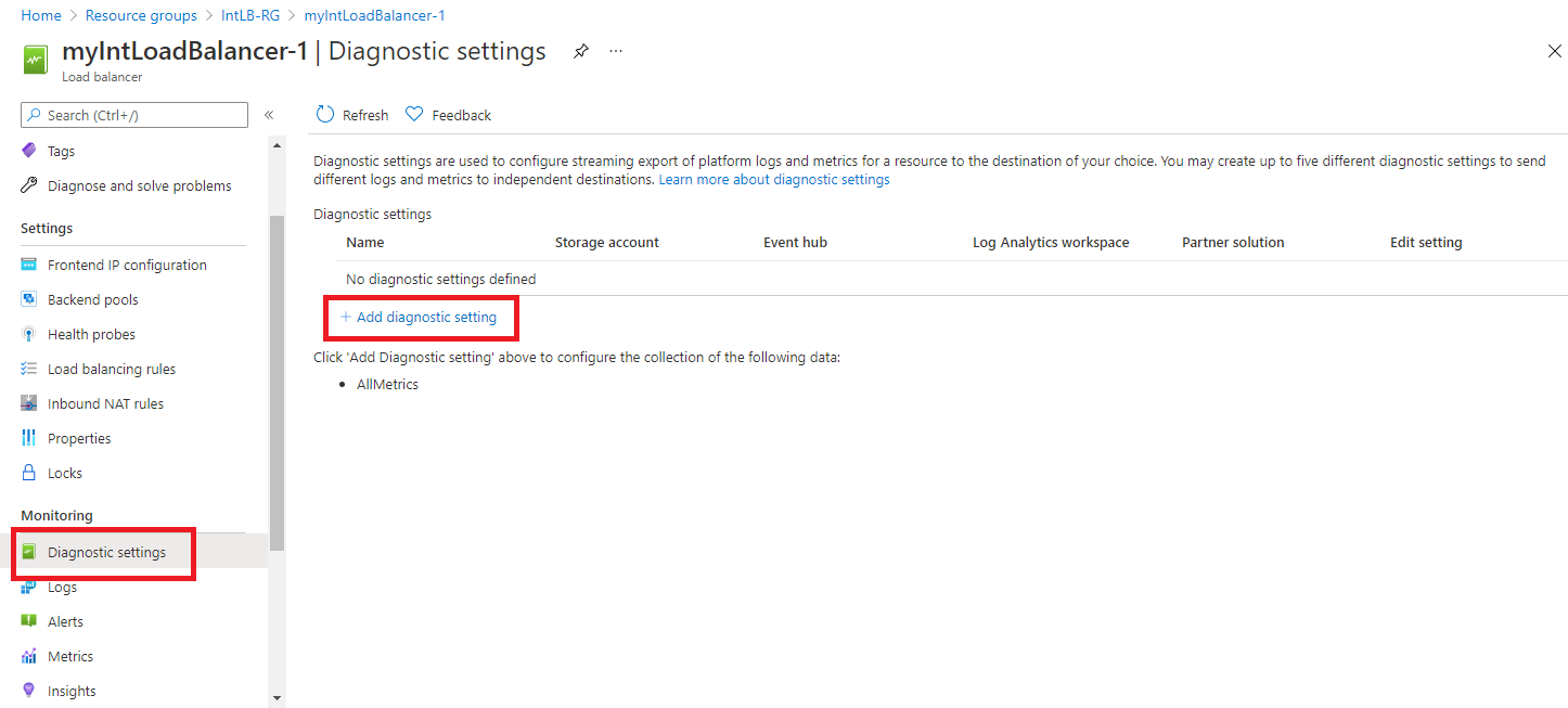 Configurações de diagnóstico > botão Adicionar configuração de diagnóstico realçado