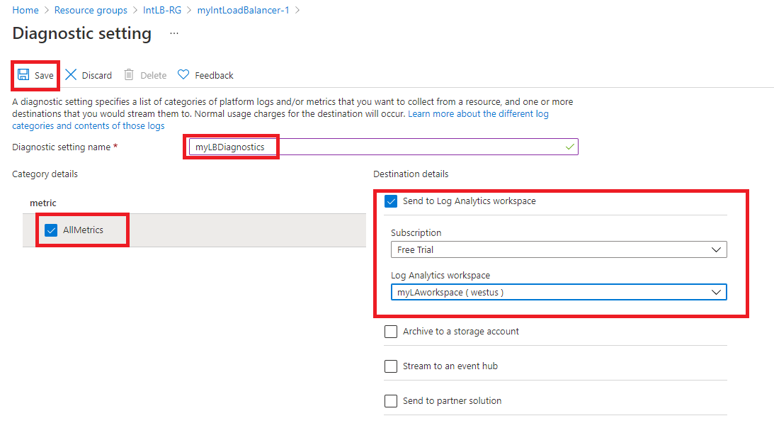 Página de configuração de diagnóstico para o balanceador de carga