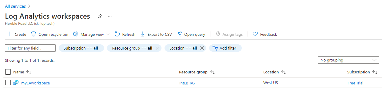 Lista de workspaces do Log Analytics