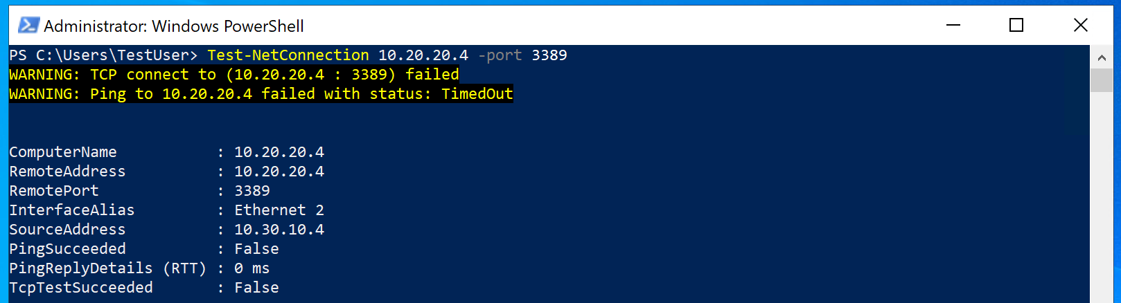 Falha na Test-NetConnection.