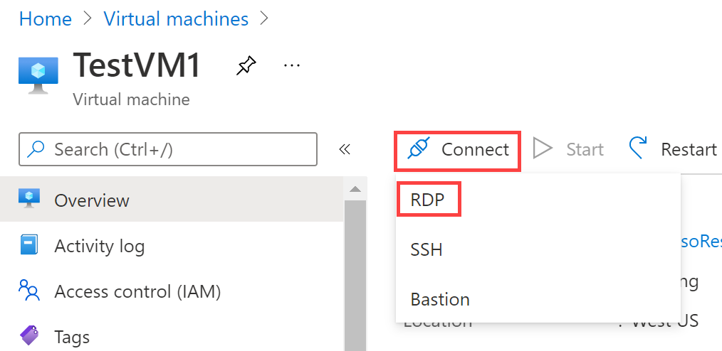 突出显示了“连接”和“RDP”的 TestVM1。