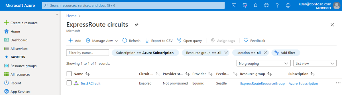 Azure 门户 - 显示现有 Expressroute 线路