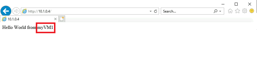 显示来自 VM1 的 Hello World 响应的浏览器窗口