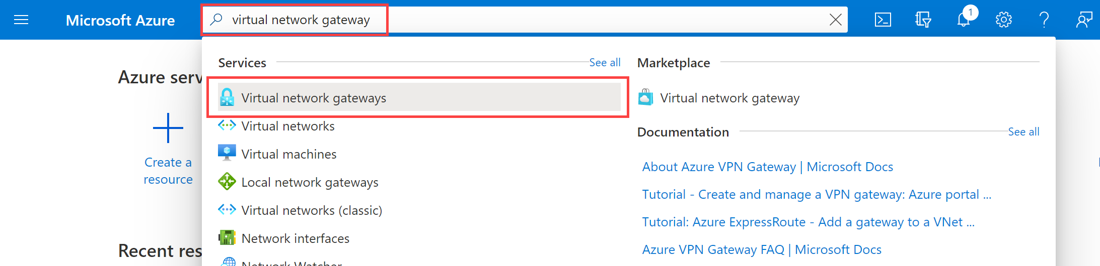 在 Azure 门户上搜索虚拟网关。